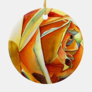 Gul Ros blomma original akvarell konst Julgransprydnad Keramik