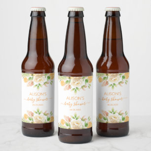 Gul Ros Blommig Grönska Flicka Baby Shower Ölflaska Etikett