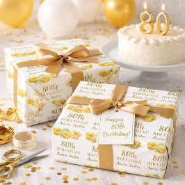 Gul ros Blommigt 80:e Födelsedagsfesten Presentpapper