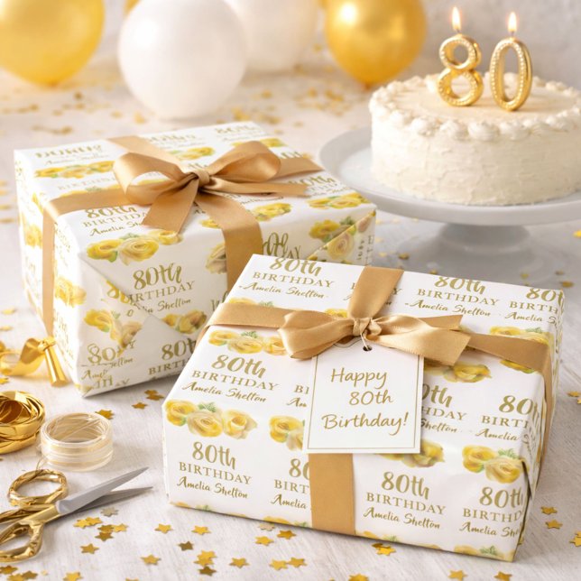 Gul ros Blommigt 80:e Födelsedagsfesten Presentpapper (Skapare uppladdad)