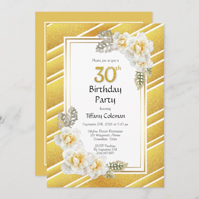Gul ros Blommigt Guld Gräns 30års födelsedag Inbjudningar (Fram/baksida)