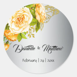 Gul ros Bouquet Silver Bröllop Runt Klistermärke