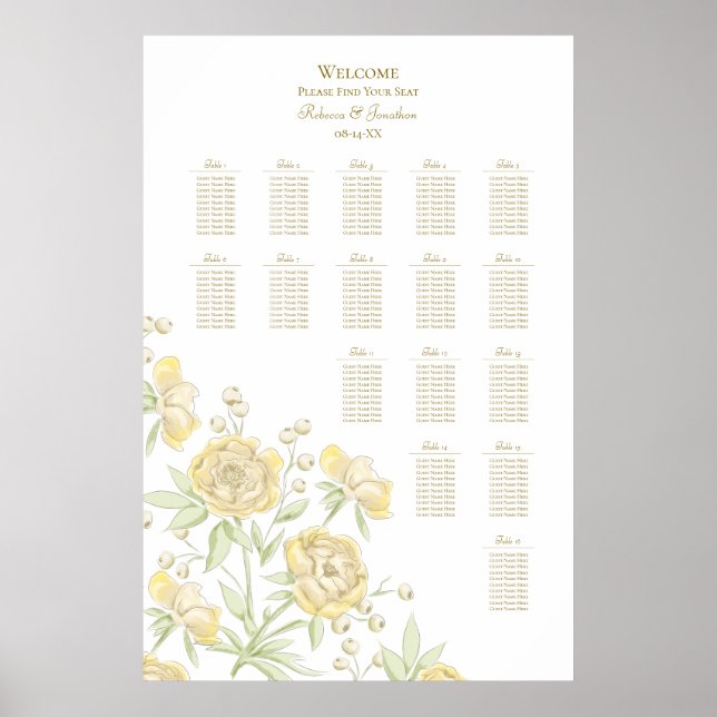 Gul Ros Bröllops Sittplatskarta Poster (Framsidan)