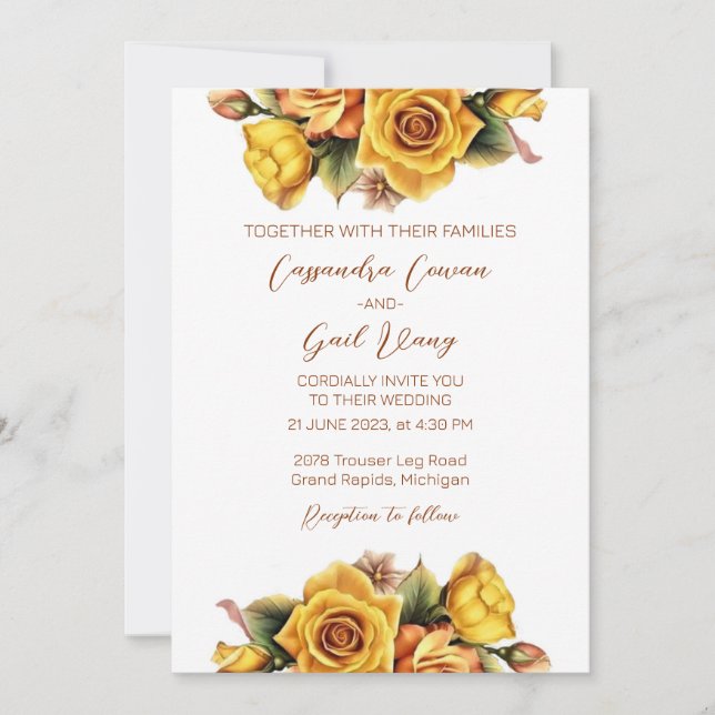 Gul ros bröllopsinbjudan inbjudningar (Framsida)