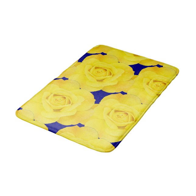 gul ros Flowers Guld Blommönster Navy Blue Badrumsmatta (Vinklad)