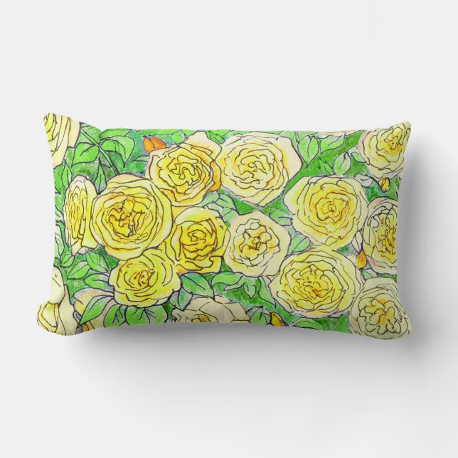 Gul ros, Grönt Löv Ro Garden Blommigt Art Lumbarkudde (Framsida)