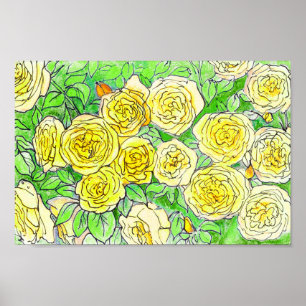 Gul ros, Grönt Löv Ro Garden Blommigt Art Poster