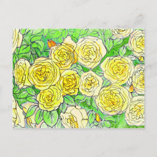 Gul ros, Grönt Löv Ro Garden Blommigt Art Vykort