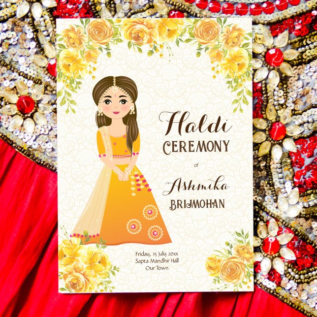 Gul ros gullig flicka Haldi-inbjudan Inbjudningar (Skapare uppladdad)