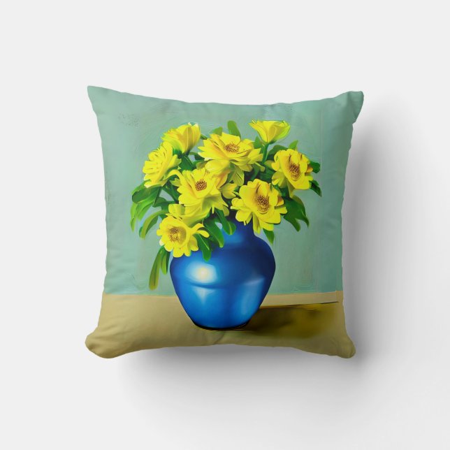 Gul ros i Blue Vas Boho Art Kudde (Framsida)