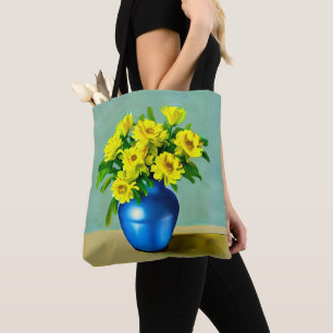 Gul ros i Blue Vas Boho Art Tygkasse