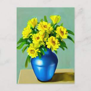 Gul ros i Blue Vas Boho Art Vykort