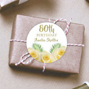 Gul ros och Löv Blommigt 80:e födelsedagen Runt Klistermärke