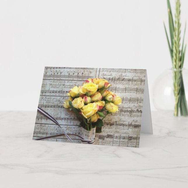 Gul ros på den gamla musiken Valentine Helgkort (Framsida)
