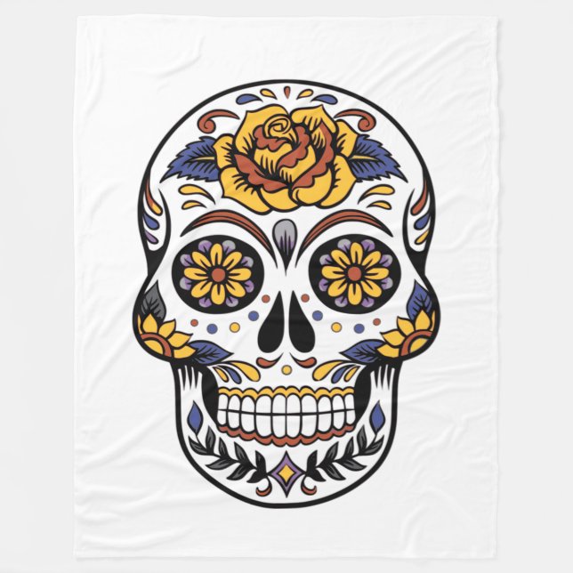 Gul ros Sugar Skull Fleecefilt (Framsidan)