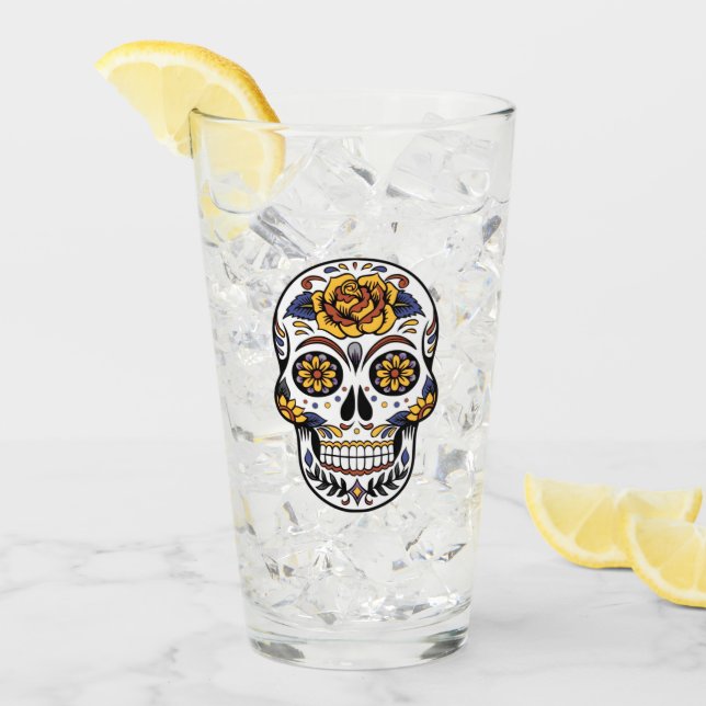 Gul ros Sugar Skull Glaskopp (Framsida Ice)
