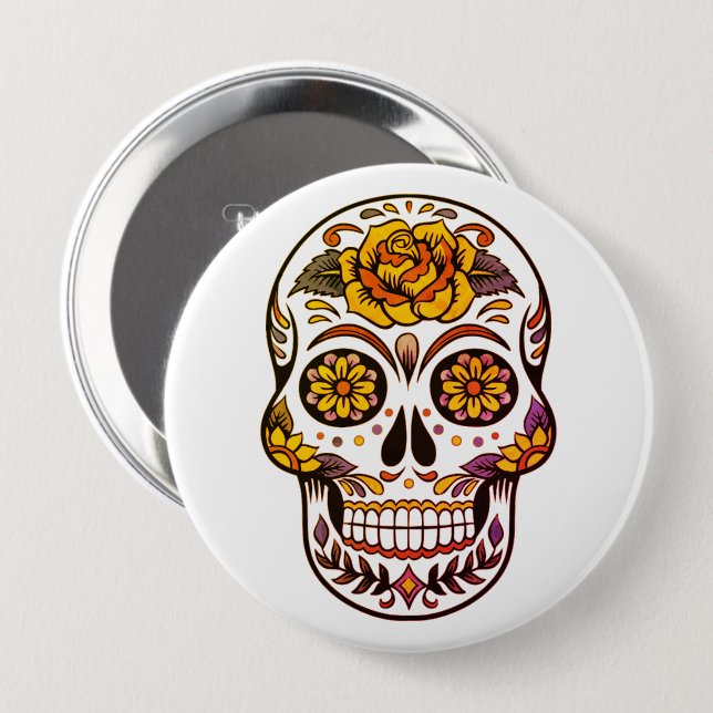 Gul ros Sugar Skull Knapp (Framsida & baksida)