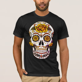 Gul ros Sugar Skull på Black T-Shirt