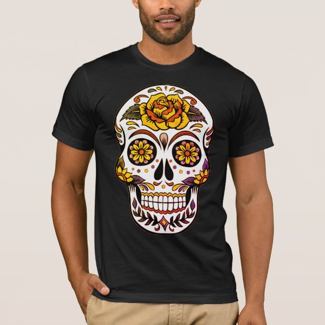Gul ros Sugar Skull på Black T-Shirt (Framsida)