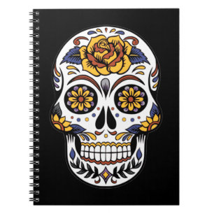 Gul ros Sugar Skull på svart Anteckningsbok