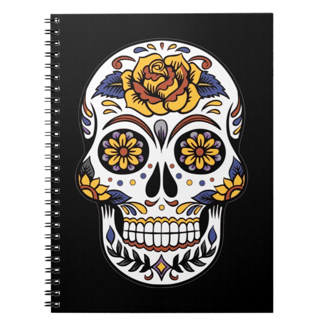 Gul ros Sugar Skull på svart Anteckningsbok (Framsidan)