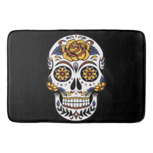 gul ros Sugar Skull på svart Badrumsmatta