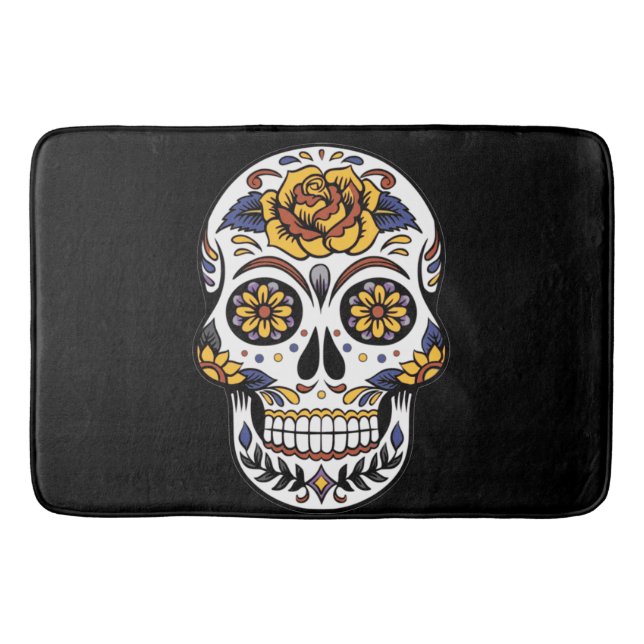 Gul ros Sugar Skull på svart Badrumsmatta (Framsidan)