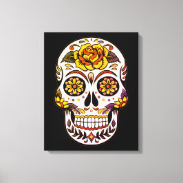 Gul ros Sugar Skull på svart Canvastryck