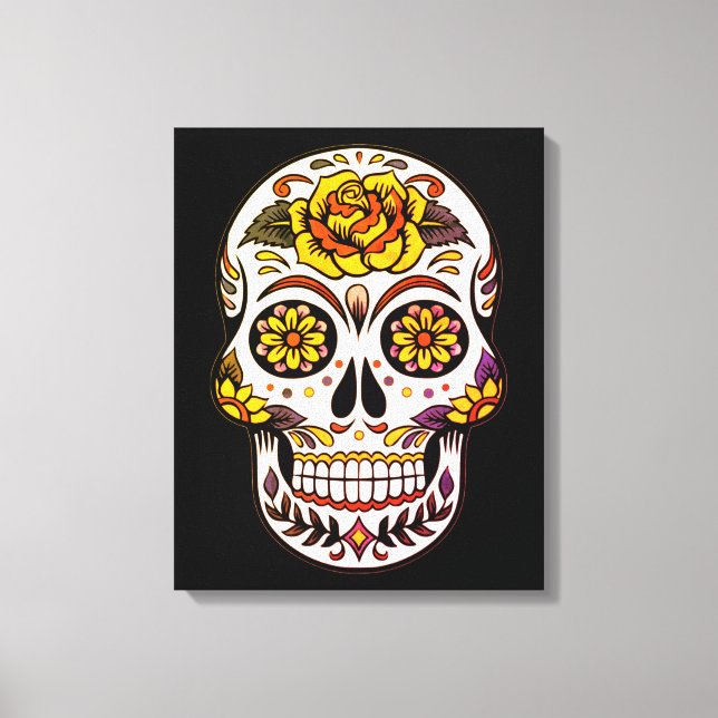 Gul ros Sugar Skull på svart Canvastryck (Framsida)