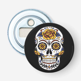 Gul ros Sugar Skull på svart Flasköppnare