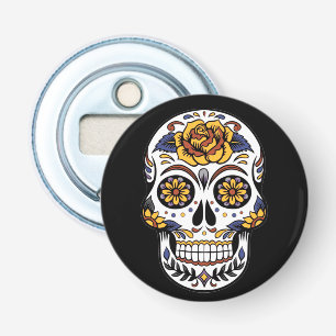 gul ros Sugar Skull på svart Flasköppnare