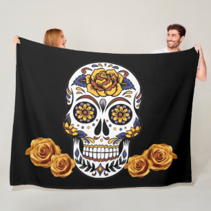 Gul ros Sugar Skull på svart Fleecefilt
