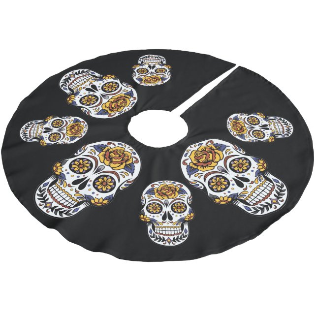 Gul ros Sugar Skull på svart Julgransmatta Borstad Polyester (Vinklad)