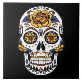 Gul ros Sugar Skull på svart Kakelplatta