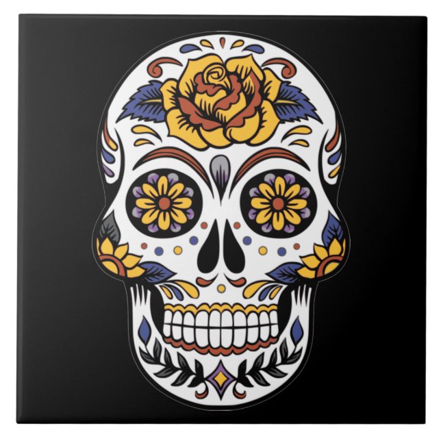 Gul ros Sugar Skull på svart Kakelplatta (Framsidan)