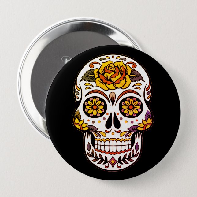 Gul ros Sugar Skull på svart Knapp (Framsida & baksida)