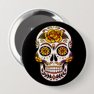 gul ros Sugar Skull på svart Knapp