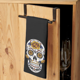 Gul ros Sugar Skull på svart Kökshandduk
