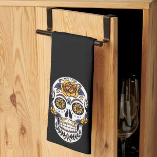 Gul ros Sugar Skull på svart Kökshandduk