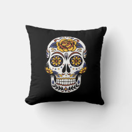 Gul ros Sugar Skull på svart Kudde