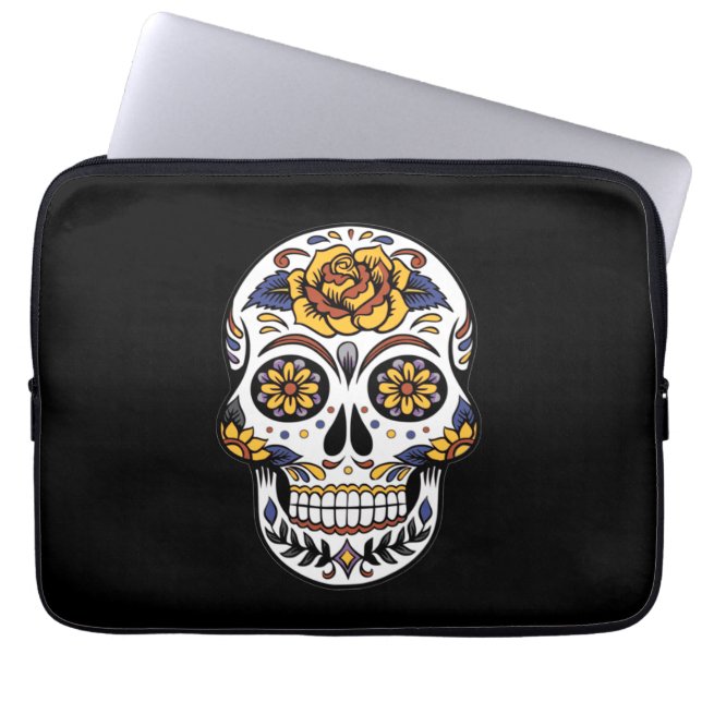 Gul ros Sugar Skull på svart Laptop Fodral (Framsidan)