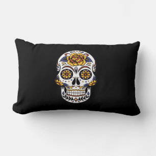 Gul ros Sugar Skull på svart Lumbarkudde