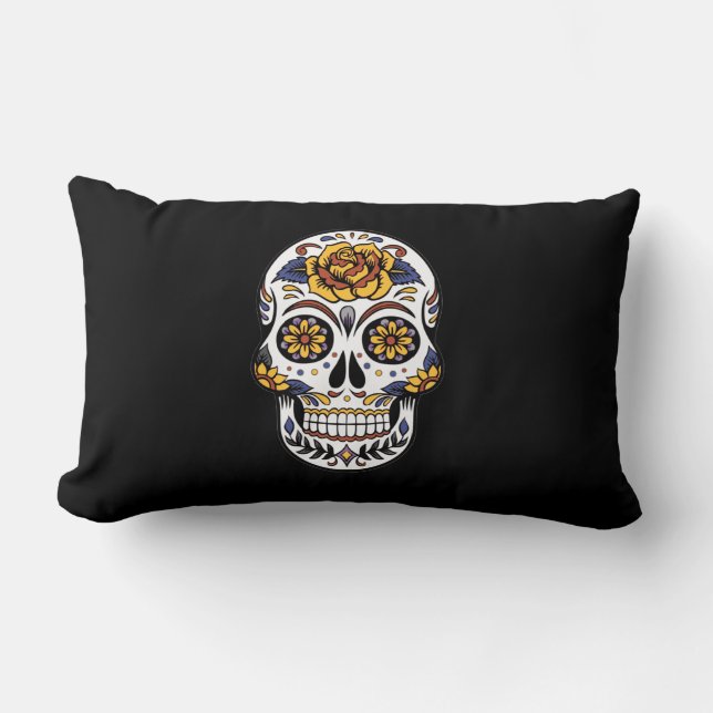 Gul ros Sugar Skull på svart Lumbarkudde (Framsida)