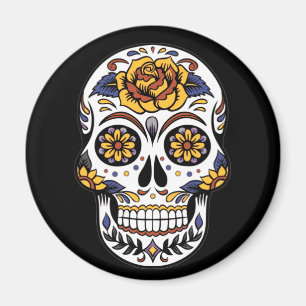 Gul ros Sugar Skull på svart Magnet