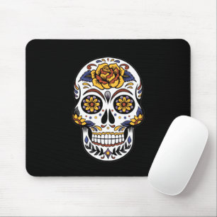 Gul ros Sugar Skull på svart Musmatta