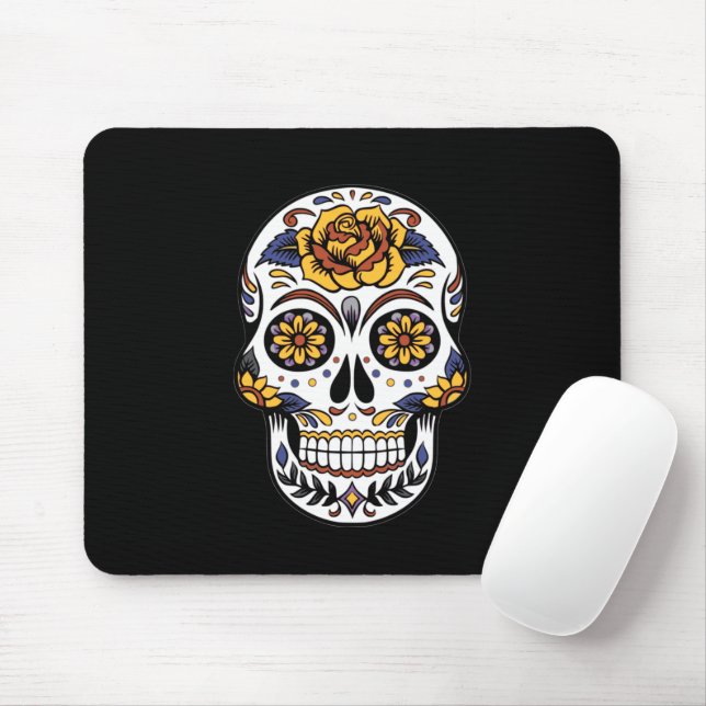 Gul ros Sugar Skull på svart Musmatta (Med mus)
