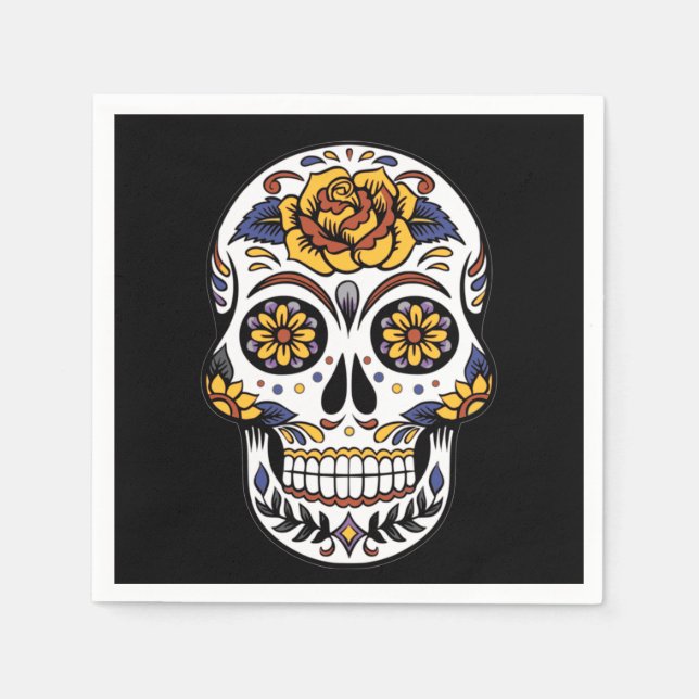 Gul ros Sugar Skull på svart Pappersservett (Framsidan)