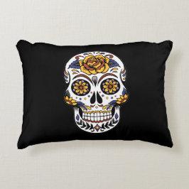 gul ros Sugar Skull på svart Prydnadskudde