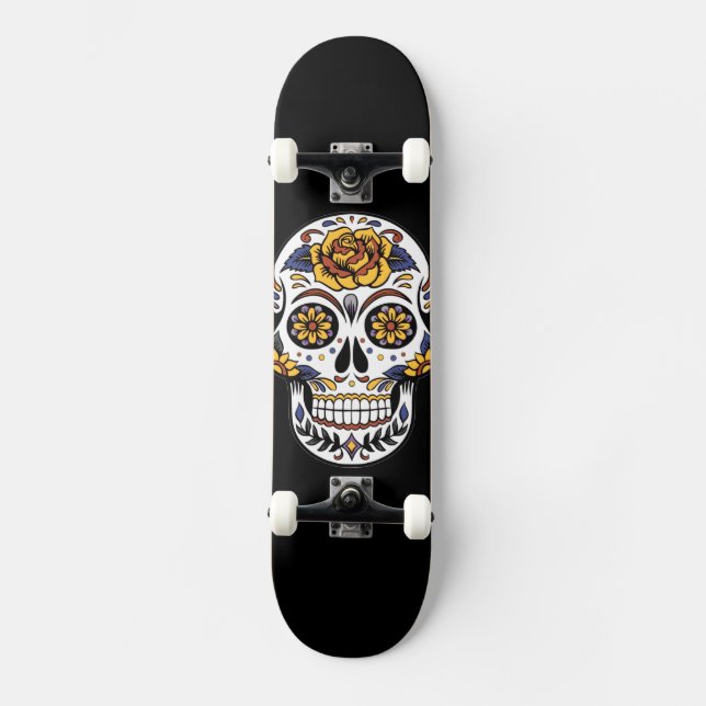 Gul ros Sugar Skull på svart skateboard (Framsida)