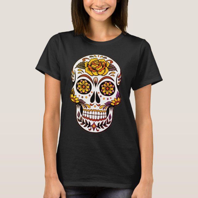 Gul ros Sugar Skull på svart T Shirt (Framsida)